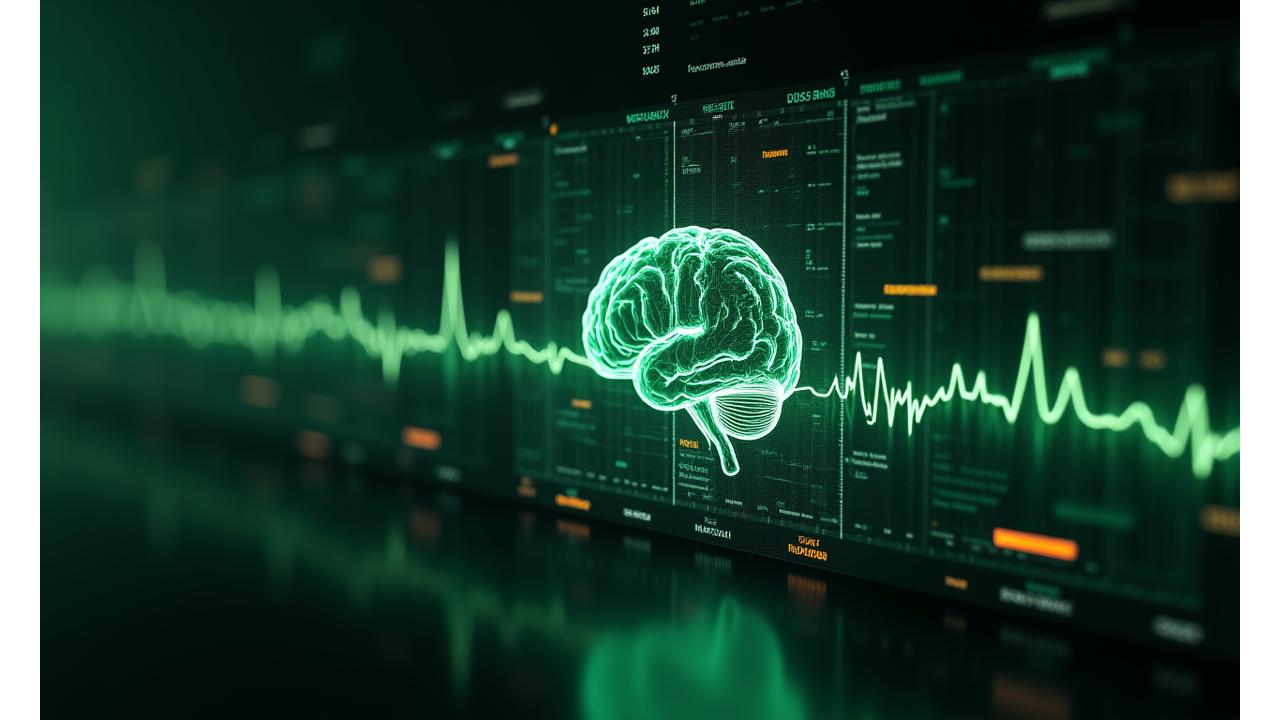 Futuristický displej zobrazujúci biohacking dáta: tepová frekvencia, spánkové cykly a molekulárne štruktúry s prekrývajúcim sa transparentným 3D renderom ľudského mozgu a nervového systému.