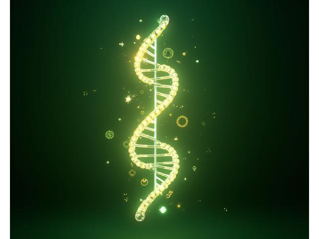 Digitálna reprezentácia DNA špirály obklopená rôznymi symbolmi potravín, naznačujúca personalizovanú výživu na základe genetiky.