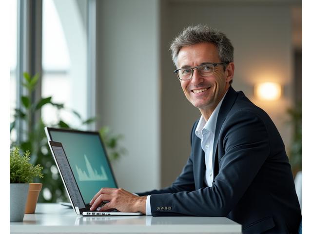 Profesionálna fotografia usmievavého, sebavedomého manažéra stredného veku v elegantnom obleku, hľadiaceho na digitálny analytický graf na prenosnom počítači, s pozadím moderného, minimalistického kancelárskeho priestoru.