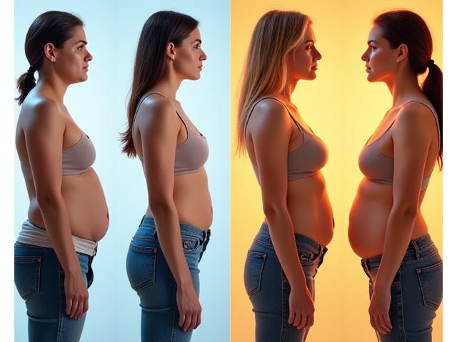 Koláž fotografií pred a po transformácii tela s nadšenými klientmi Života Spark.
