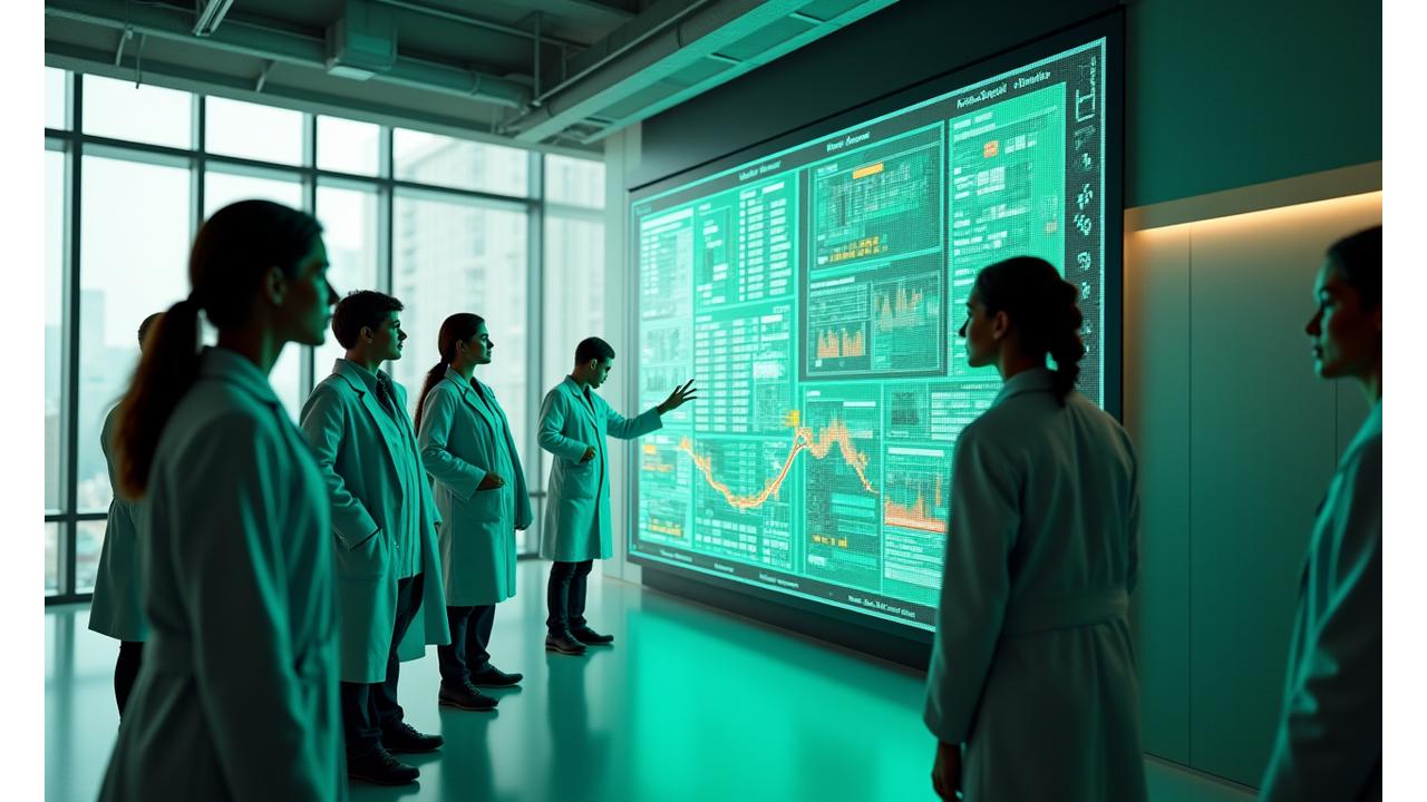 Tím Života Spark spoločne pri monitoroch s dátami o zdraví a fitness, symbolizujúci vedecký a technologický prístup.