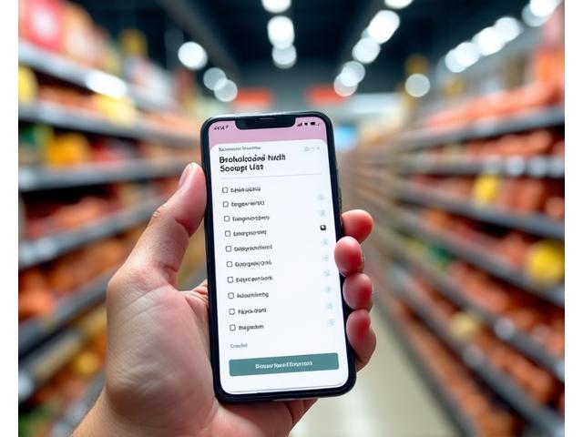 Ruka držiaca telefón so zoznamom nákupov v supermarkete
