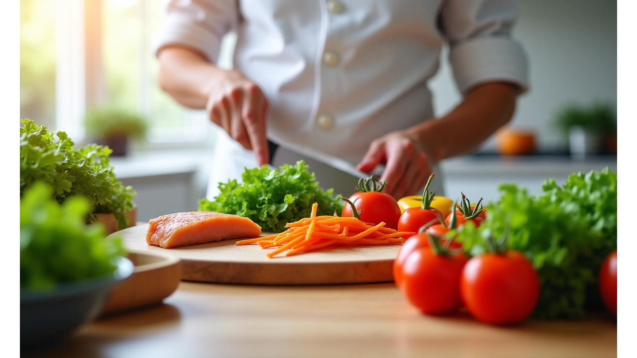 Šéfkuchár pripravuje zdravé jedlo, čerstvé ingrediencie