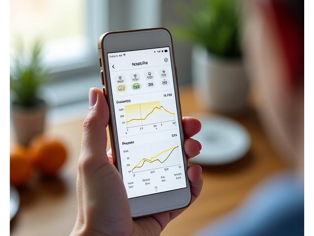 Osoba sledujúca údaje z kontinuálneho monitora glukózy (CGM) na smartfóne, s grafmi glukózových kriviek v pozadí.